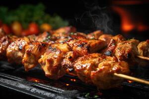 varkensvlees kebab is gegrild Aan een barbecue Aan een zwart achtergrond. generatief ai technologie foto