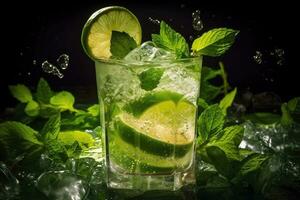 mojito cocktail met ijs Aan een zwart achtergrond. generatief ai technologie. foto