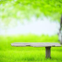 leeg houten tafel met wazig groen tuin achtergrond. voor Product Scherm. ai gegenereerd foto