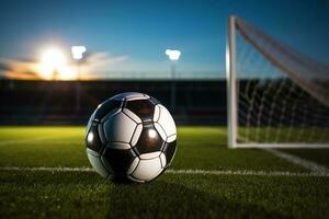 ai generatief voetbal bal Aan de groen gras en doel netto in Amerikaans voetbal stadion foto