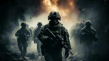 ai generatief soldaten met geweren oprukkende door met rook gevuld slagveld foto