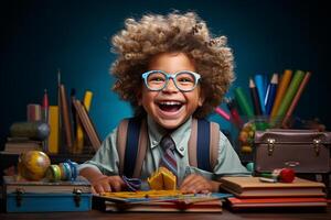 ai generatief een jong jongen poseren in voorkant van schoolbord met terug naar school- concept foto