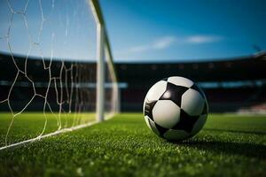 ai generatief voetbal bal Aan de groen gras en doel netto in Amerikaans voetbal stadion foto