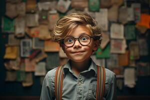 ai generatief een jong jongen poseren in voorkant van schoolbord met terug naar school- concept foto