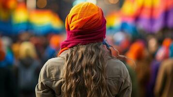 demonstranten Holding regenboog kleur vlag foto