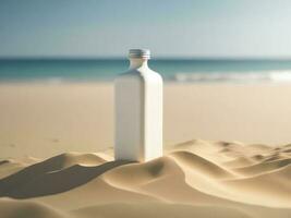 blanco leeg plein drinken fles mockup in zand strand voor Product presentatie en strand achtergrond.generatief ai foto