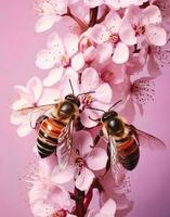 twee honingbijen Aan roze voorjaar bloemen en roze achtergrond foto