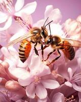 twee honingbijen Aan roze voorjaar bloemen en roze achtergrond foto