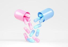 pastel kleur geneeskunde pillen. roze en blauw pillen vliegend naar beneden uit van tablet capsule. 3d weergave. apotheek concept. verdovende middelen bewustzijn. foto