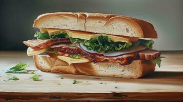 vers belegd broodje met ham, kaas, tomaten, snel voedsel Aan bord in omhulsel papier. ai gegenereerd. foto