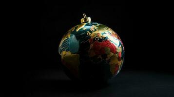 Kerstmis nieuw jaar speelgoed- bal planeet aarde, gekleurde slingers. opslaan de wereld concept. ai gegenereerd. foto