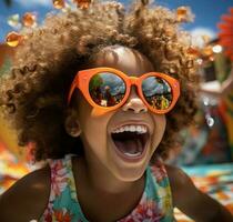 kind in zwemmen zwembad met zonnebril lachend, in de stijl van fotorealistisch landschappen ai gegenereerd foto