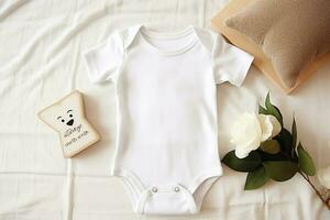 wit baby bodysuit en bloemen Aan wit houten achtergrond, top visie ai gegenereerd foto
