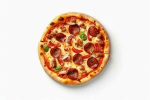 heerlijk kaas pizza top visie Aan wit achtergrond ai gegenereerd foto