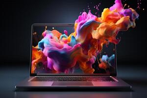 laptop modieus vloeistof stijl vormen abstract ontwerp, dynamisch smartphone kroeg concept ai gegenereerd foto