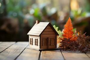 houten huis model- Aan hout achtergrond, een symbool voor bouw , ecologie, lening, hypotheek, eigendom of huis. foto