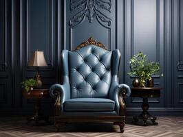 luxe klassiek interieur met donker blauw fauteuil , mockups ontwerp 3d, hoge kwaliteit testmodellen, generatief ai foto