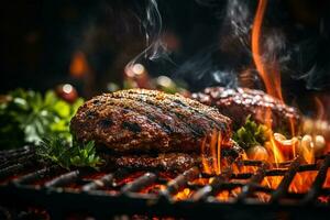 Hamburger heet specerijen gegrild Aan bbq brand vlam rooster ai gegenereerd foto