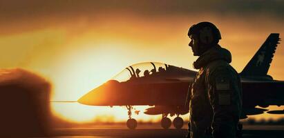 soldaat in een schuur Bij zonsondergang. leger piloten in de buurt Jet vechter Bij zonsondergang. leger luchtvaart ai gegenereerd foto
