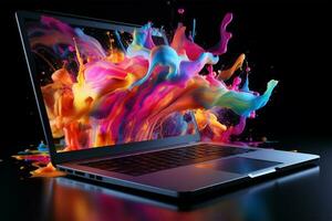 laptop modieus vloeistof stijl vormen abstract ontwerp, dynamisch smartphone kroeg concept ai gegenereerd foto