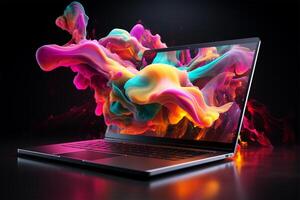 laptop modieus vloeistof stijl vormen abstract ontwerp, dynamisch smartphone kroeg concept ai gegenereerd foto