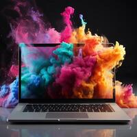 laptop met blanco scherm krachtig explosie van poeder explosie stof, holi ai gegenereerd foto