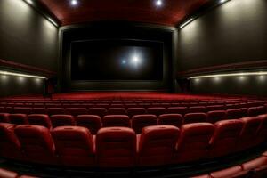 een leeg theater met rood stoelen en een projector scherm. ai gegenereerd foto