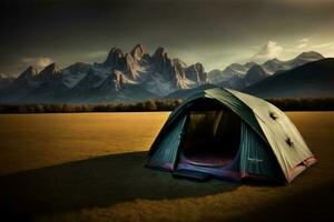 een tent in een veld- met bergen in de achtergrond. ai gegenereerd foto