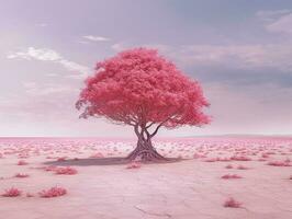 panoramisch afbeelding van een baby roze bladerde boom in de midden- van rood Utopia woestijn ai generatief foto