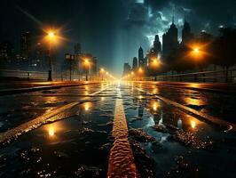 snelweg weg in de nacht met zwaar regen en bliksem ai generatief foto