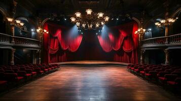 theater fase, met rood gordijn, houten vloer, stoelen en verlichting ai generatief foto