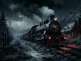 een trein in de sneeuw met donker achtergrond, krankzinnig detail gemaakt door ai generatief foto