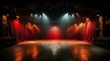 theater fase, met rood gordijn, houten vloer, stoelen en verlichting ai generatief foto