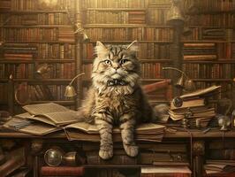 surrealistisch afbeelding van een professor kat in een bibliotheek, krankzinnig detail ai generatief foto