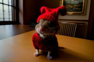 een klein knaagdier vervelend een rood trui en een rood hoed. ai gegenereerd foto