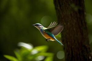 een vogel dat is vliegend in de buurt een boom. ai gegenereerd foto