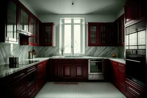een keuken met rood kasten en marmeren teller toppen. ai gegenereerd foto