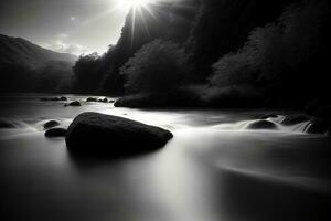 een zwart en wit foto van een rivier. ai gegenereerd