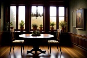 een dining kamer met een tafel en twee stoelen. ai gegenereerd foto