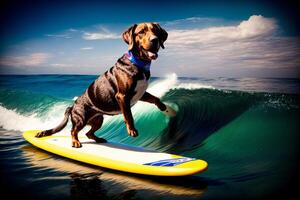 een hond dat is staand Aan een surfboard in de water. ai gegenereerd foto