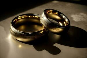 twee goud bruiloft ringen zittend Aan top van een tafel. ai gegenereerd foto