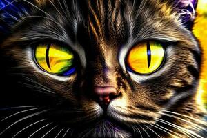 een dichtbij omhoog van een kat met geel ogen. ai gegenereerd foto