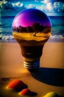 een licht lamp zittend Aan top van een zanderig strand. ai gegenereerd foto