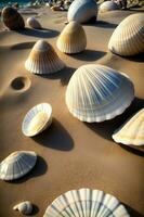 een bundel van schelpen dat zijn houdende in de zand. ai gegenereerd foto