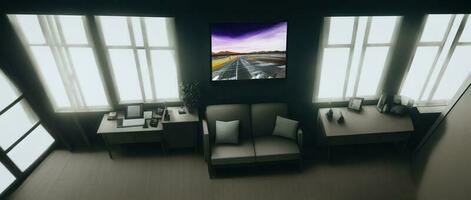 een antenne visie van een leven kamer met twee couches en een schilderij Aan de muur. ai gegenereerd foto