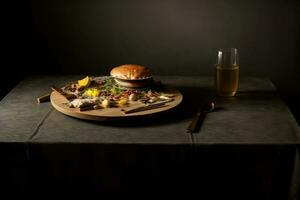 een tafel bekroond met een hamburger en een glas van bier. ai gegenereerd foto