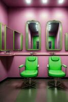 een groen stoel zittend in voorkant van een spiegel. ai gegenereerd foto
