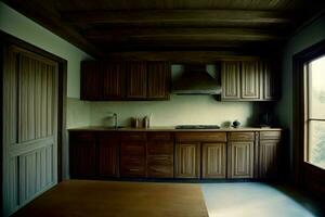 een keuken met houten kasten en een venster. ai gegenereerd foto