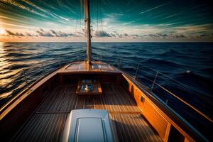 een boot het zeilen Aan een lichaam van water onder een bewolkt lucht. ai gegenereerd foto