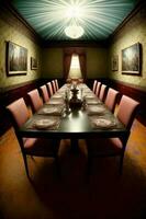een dining kamer met een lang tafel en stoelen. ai gegenereerd foto